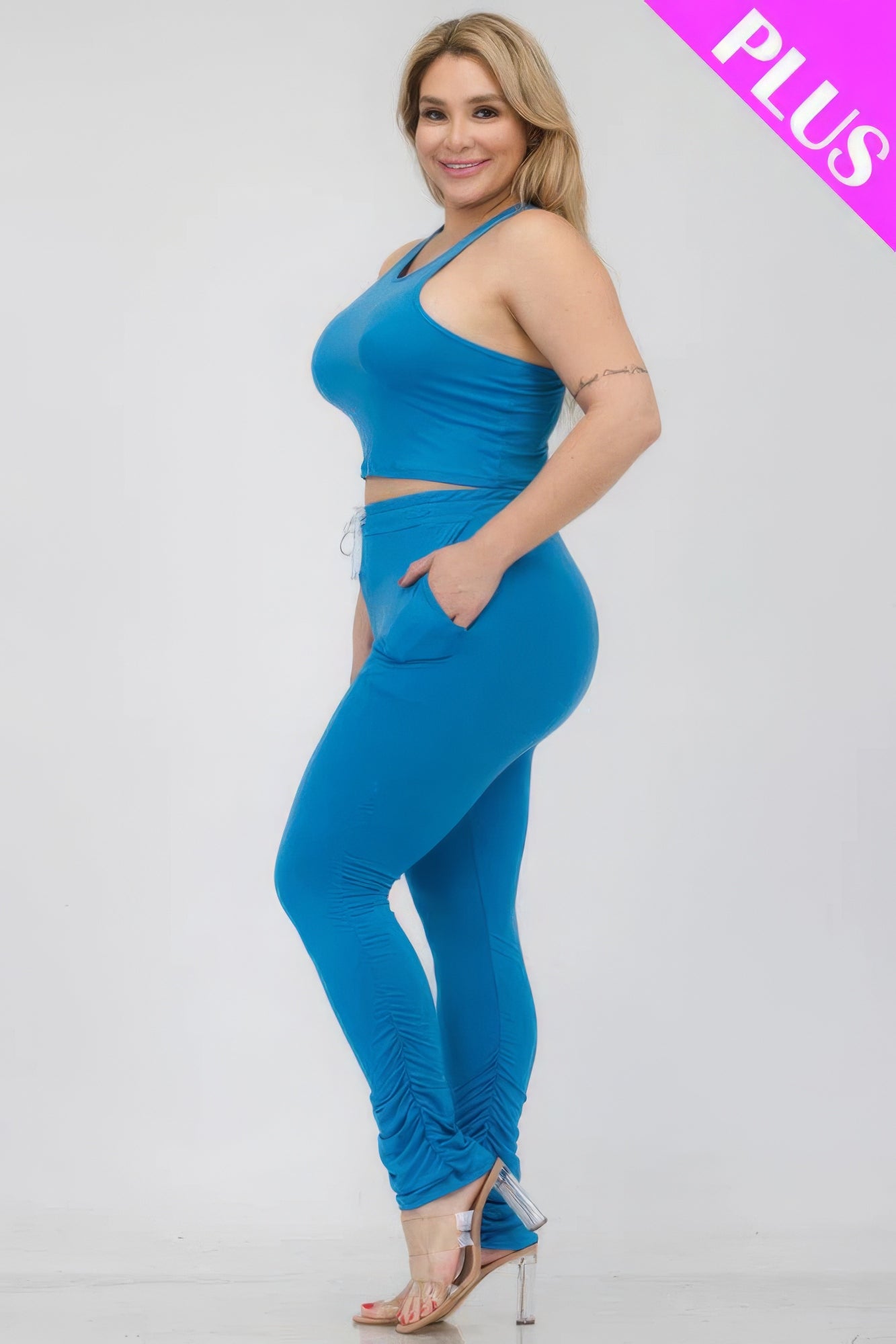 Plus Size Crop Tank Top & Ruched Pants Set